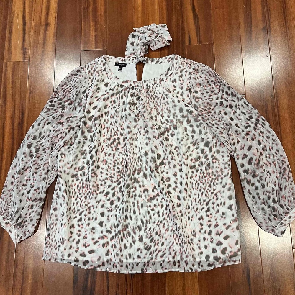 Talbots Cheetah Print Blouse Top Long Sleeve Shimmer Animal Tie Back Petite XL
